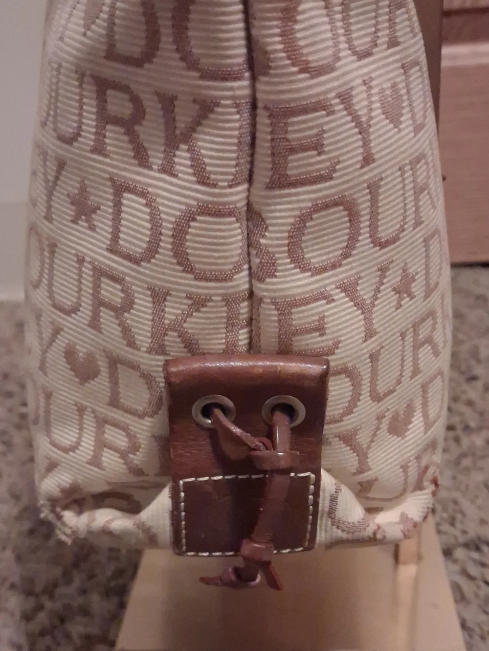 Dooney & Bourke Beige Logo Canvas Tote with Brown Leather Handles
